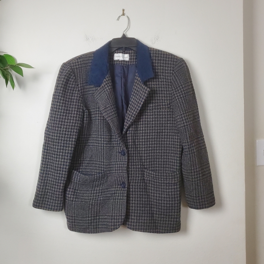 Vintage Casual Corner Houndstooth Wool Blazer Men's Small Blue